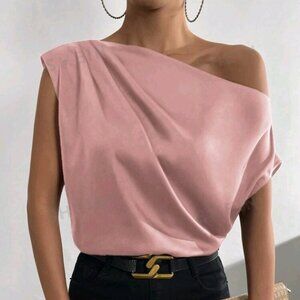 SHEIN Prive' Solid Asymmetrical Neck Batwing Sleeve Blouse